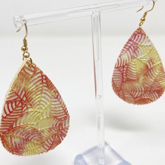 Red & Yellow Leaf Texture Leather Teardrop Earrings - Picture 2 of 4